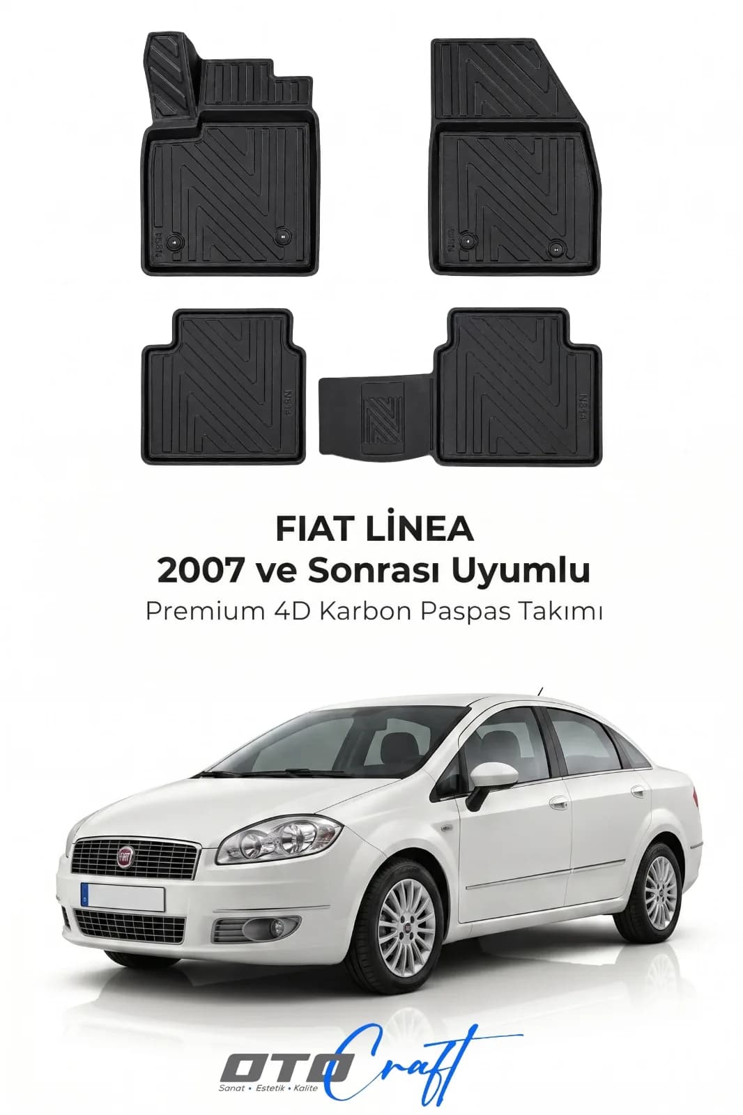 Fiat Linea 2007 ve sonrası 4D Karbon Paspas — Fiat Linea aracına özel kalıp 4D karbon paspas, OtoCraft