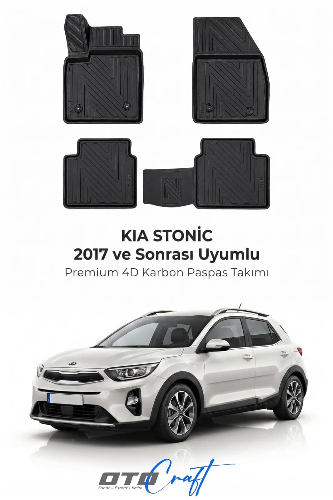 Kia Stonic 2017 ve sonrası 4D Karbon Paspas — Kia Stonic aracına özel kalıp 4D karbon paspas, OtoCraft