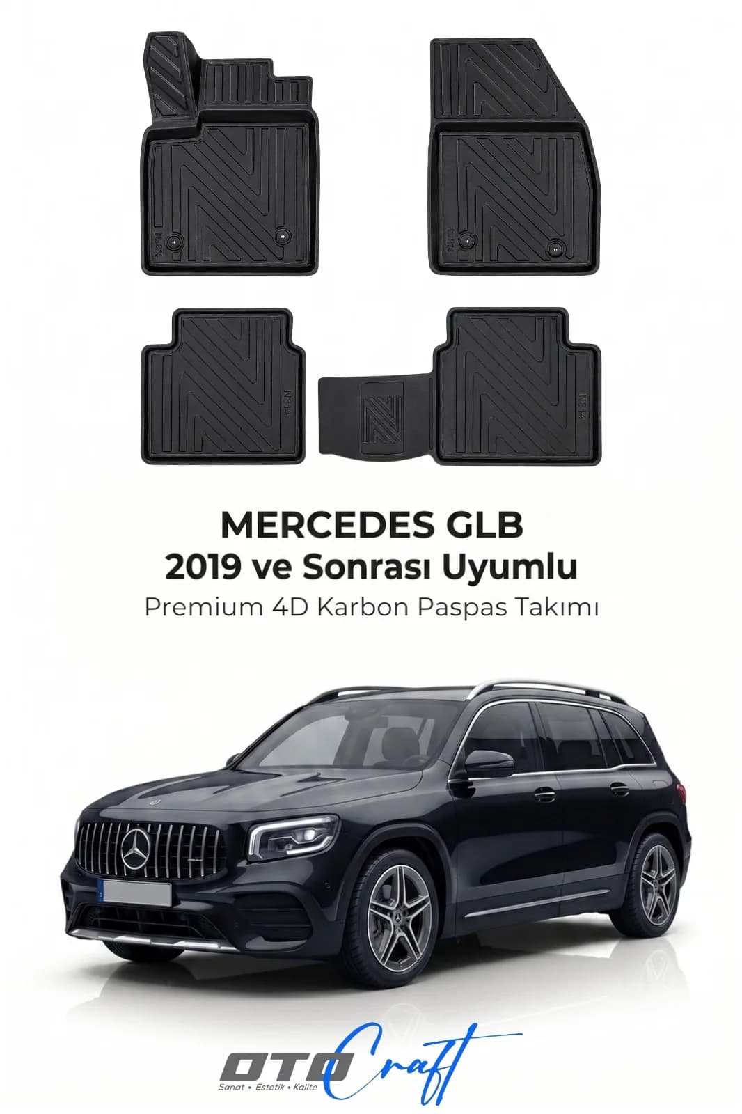 Mercedes GLB 2019 ve sonrası 4D Karbon Paspas — Mercedes GLB aracına özel kalıp 4D karbon paspas, OtoCraft