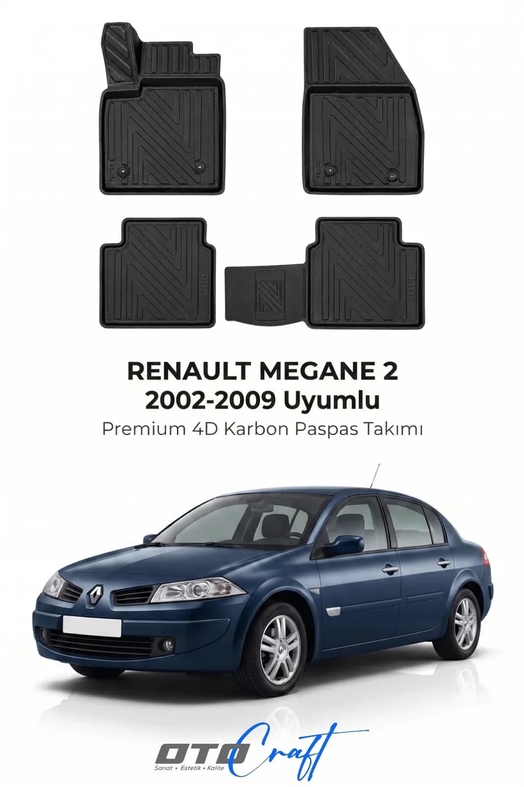 Renault Megane 2 2002-2009 4D Karbon Paspas — Renault Megane 2 aracına özel kalıp 4D karbon paspas, OtoCraft