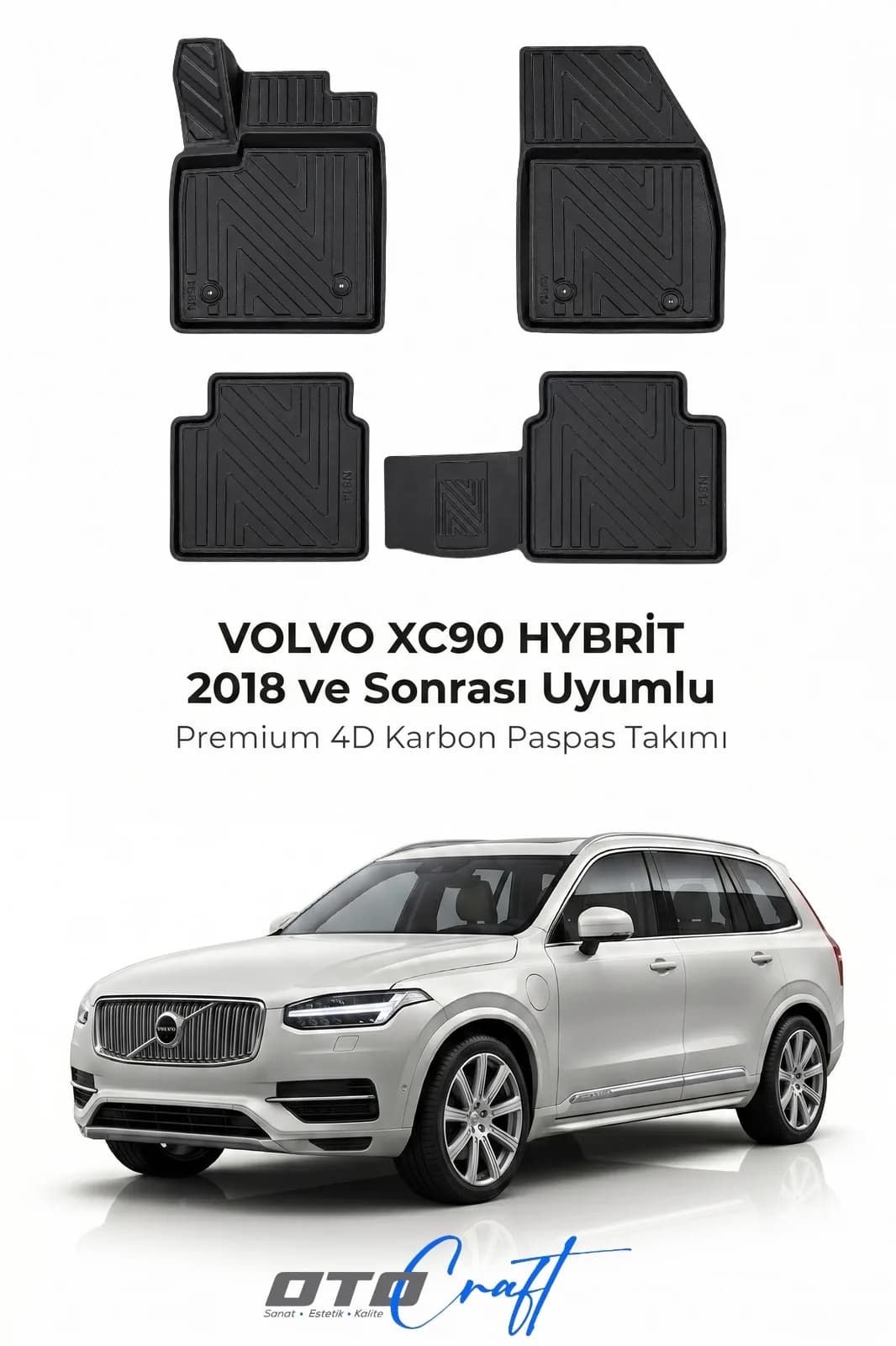 Volvo XC90 Hibrit 2018 ve sonrası 4D Karbon Paspas