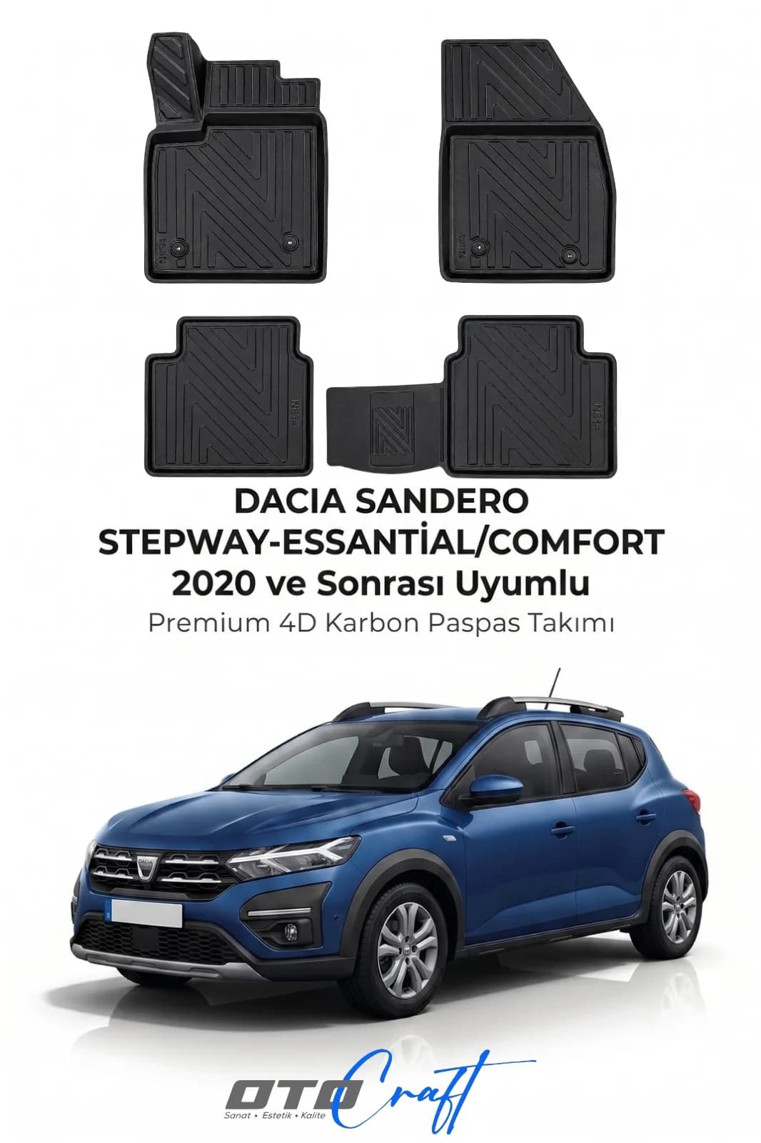 Dacia Sandero Stepway Essential Comfort 2020 ve sonrası 4D Karbon Paspas
